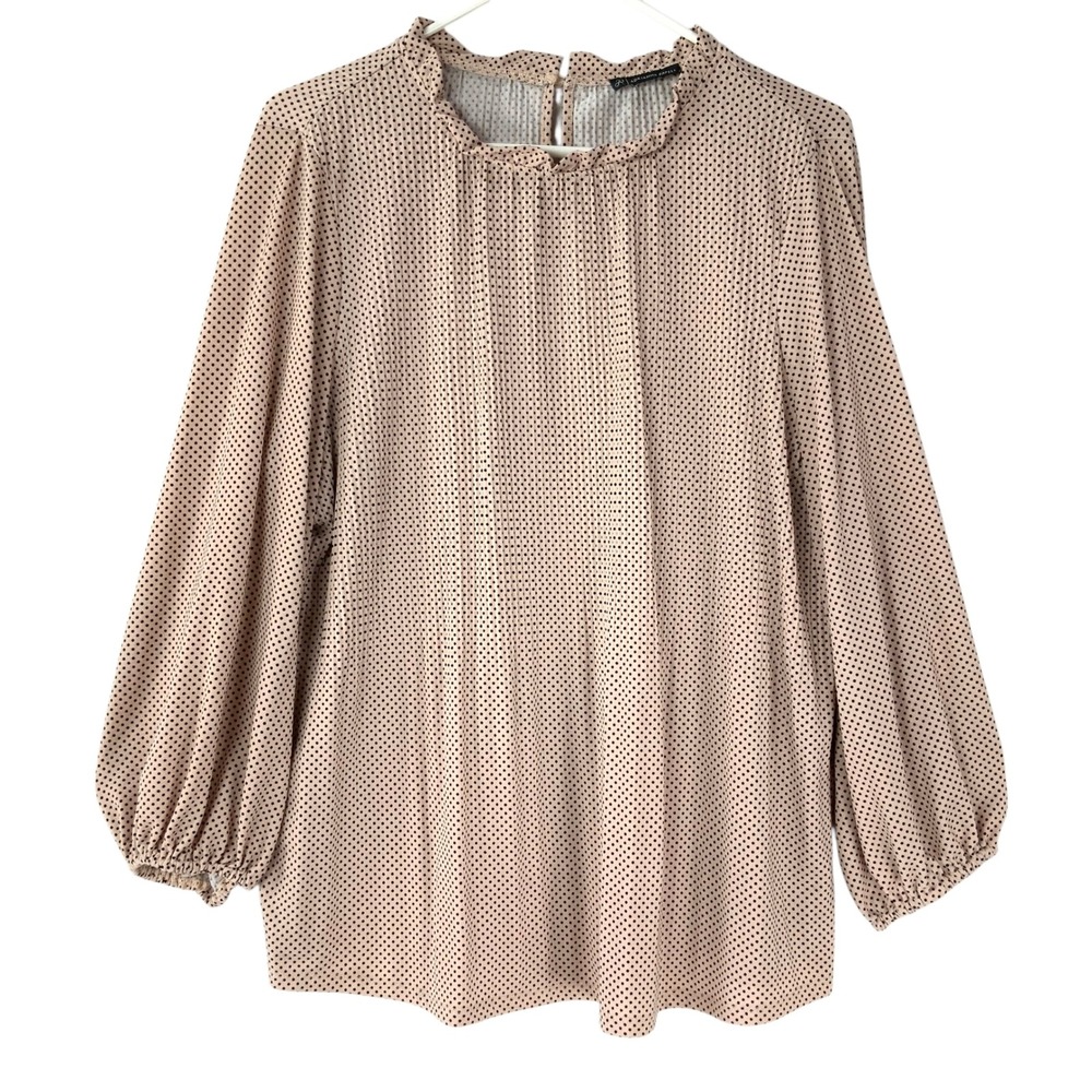 Adrianna Papell Pink Black Polka Dot Blouse L Button Ruffle Neck Balloon Sleeve